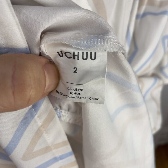 UCHUU Designer Mtl Flounce 3/4 sleeves Summer Geometric Pattern White Dress 2 - Picture 7 of 8